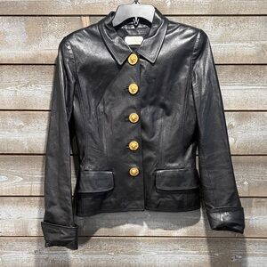 Black Leather Jacket with Gold Buttons